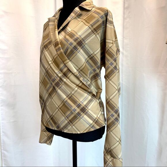 LAUREN Ralph Lauren tan brown plaid check wrap blouse Sz S - Picture 5 of 12
